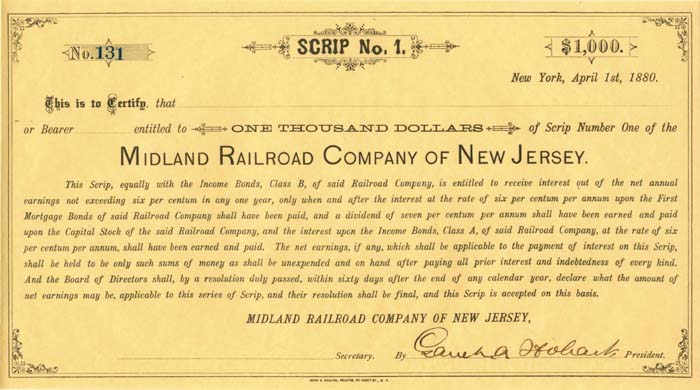 Garret A. Hobart signed Midland Railroad Co. of New Jersey